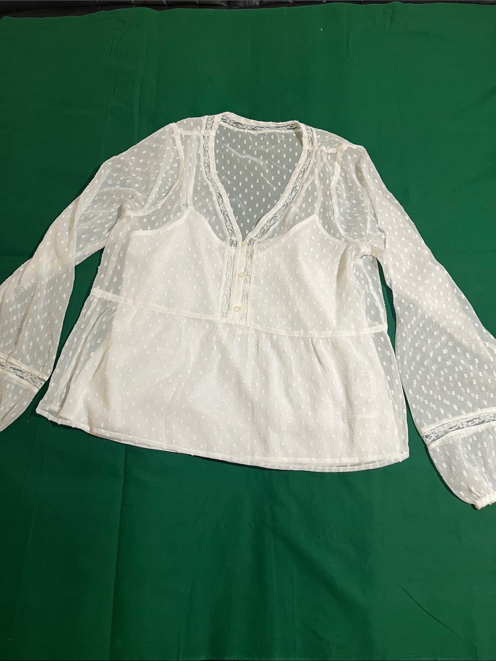 Hollister NWT White Swiss Dot Peasant Blouse with Sheer Long Sleeves.